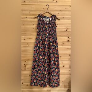 VNTG Erika Medium Smocked Button Red Yellow Retro Floral Tank Midi Dress